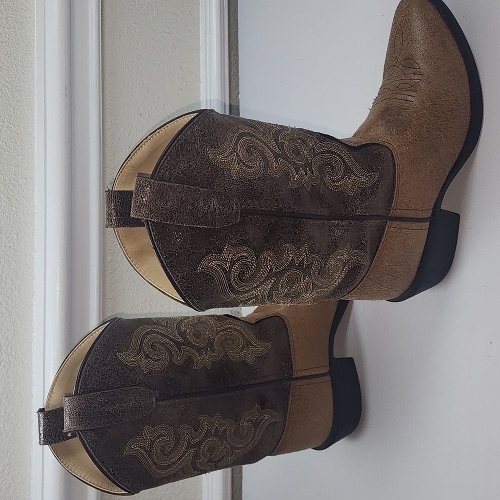 Old West Leatherette Materi Children Brown J Toe Cowboy Boots Size 4.5M
